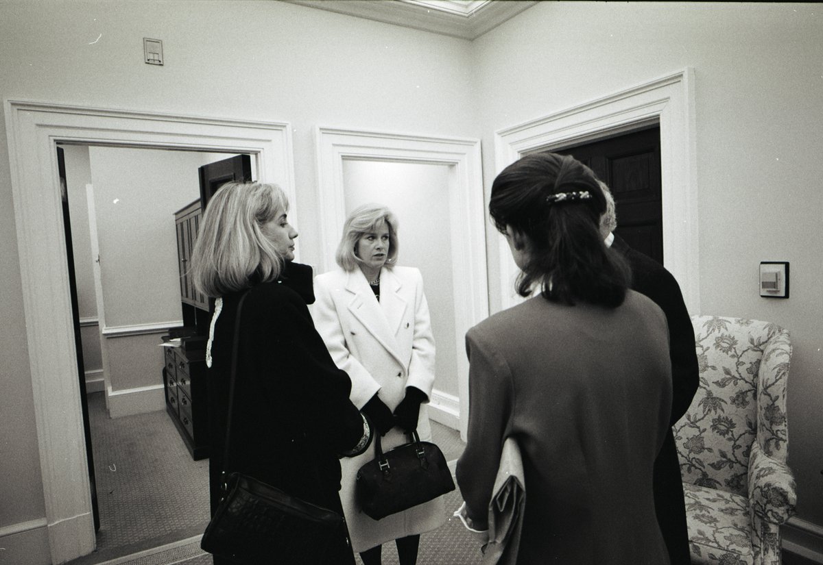 First Lady Hillary Rodham Clinton and Second Lady Mary Elizabeth 'Tipper' Gore worked quite closely together on several different projects while supporting their husbands. They can be seen here waiting outside the Oval Office. Photo by Bob McNeely #FLOTUS #WHM