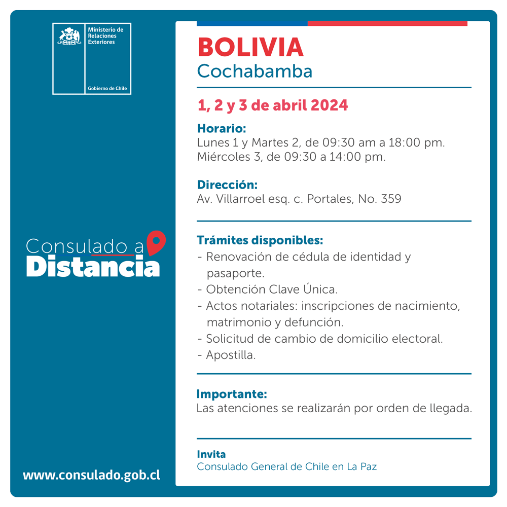 🚐🇨🇱 Atención a chilenas y chilenos en #Cochabamba #Bolivia 🇧🇴 Les contamos que se realizarán trámites consulares en su ciudad. 📅Fechas: 1, 2 y 3 de abril. 👉 Atenciones por orden de llegada. Revisa la info. 👇