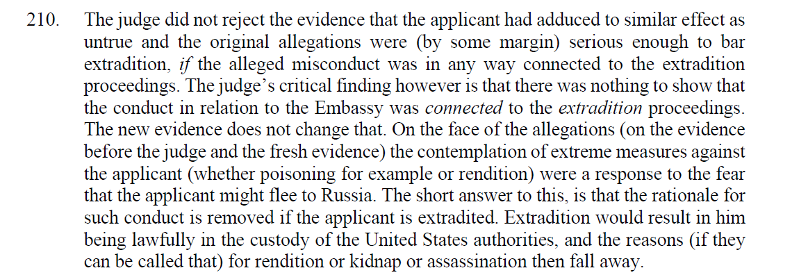 SMaurizi's tweet image. 1 of the most incredible paragraphs of the #HighCourt judgement on #JA is this para on the #CIA: 
&quot;extradition would result in him being lawfully in custody of the U.S. authorities,and the reason[..] for rendition or kidnap or assassination then fall away&quot;
judiciary.uk/wp-content/upl…