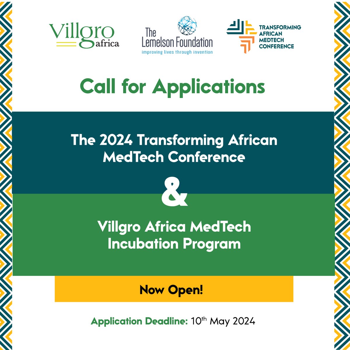 Calling all African #MedTech companies! In preparation for the Transforming @africanmedtech Conference (28-30 August 2024), we have announced two calls: (1) attendance to the TAMC event in August and (2) incubation support. Find more info here: villgroafrica.org/funding_calls/…