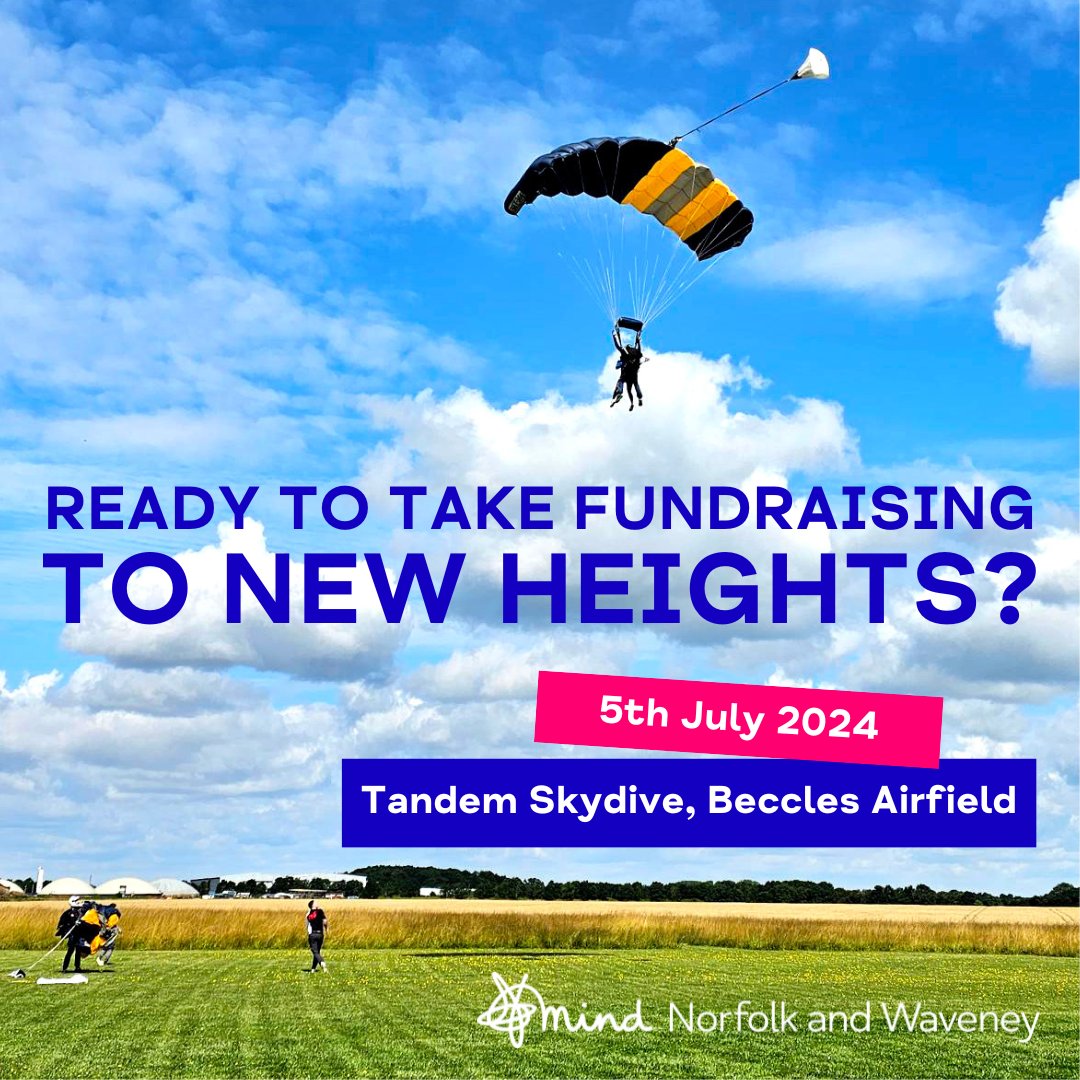 Join us at Beccles airfield on July 5th, to take part in our annual Tandem Skydive! Create unforgettable memories while helping raise vital funds to ensure no one in our region has to face poor mental health alone. Visit norfolkandwaveneymind.org.uk/tandem-skydive