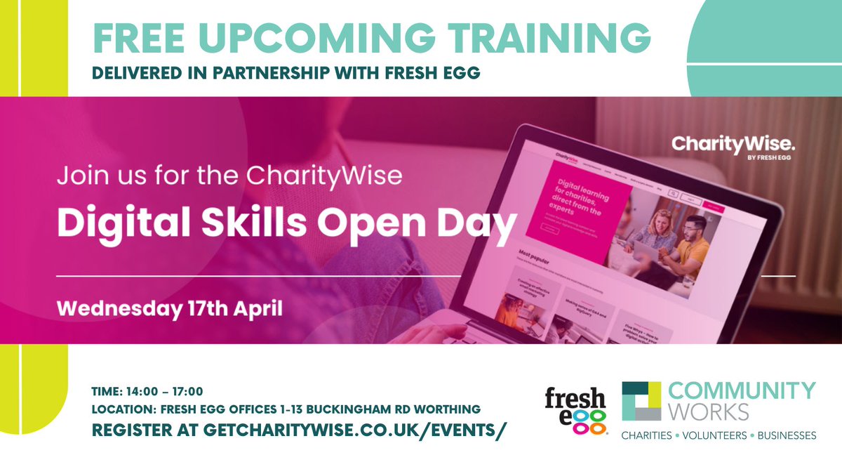 Free Digital Skills Open Day

Working in partnership with <a href="/FreshEgg/">FreshEgg</a>, this is a great opportunity to come &amp; learn some new digital skills &amp; network with other local charities

When: Wed 17/04 2-5pm
Where: Fresh Egg offices Worthing BN11 1TH

Register here: buff.ly/3x2NZ63