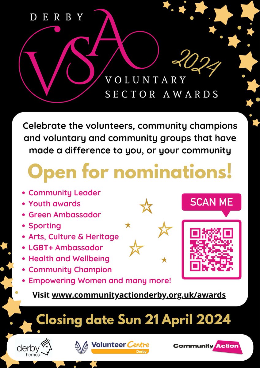 🌟Derby Voluntary Sector Awards 2024: Nominations are OPEN🌟 Celebrate Derby’s amazing voluntary & community sector & make a nomination today! Nominations close Sun 21 April 24 Visit: communityactionderby.org.uk/awards-2024 @DerbyHomes @VolCentreDerby @YADerby @MarketingDerby @DerbyCC @bbcemt