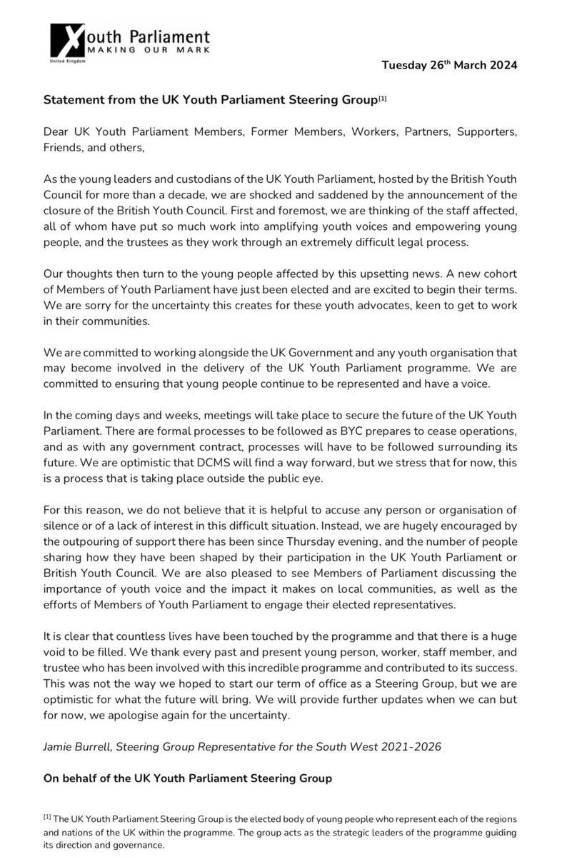 (1/2) The UK Youth Parliament Steering Group have issued a statement following closure of the @bycLIVE.

We are the body of young people who ensure @UKYP is youth-led and accessible.

It is essential we are meaningfully engaged with as part of discussions on the future of UKYP.