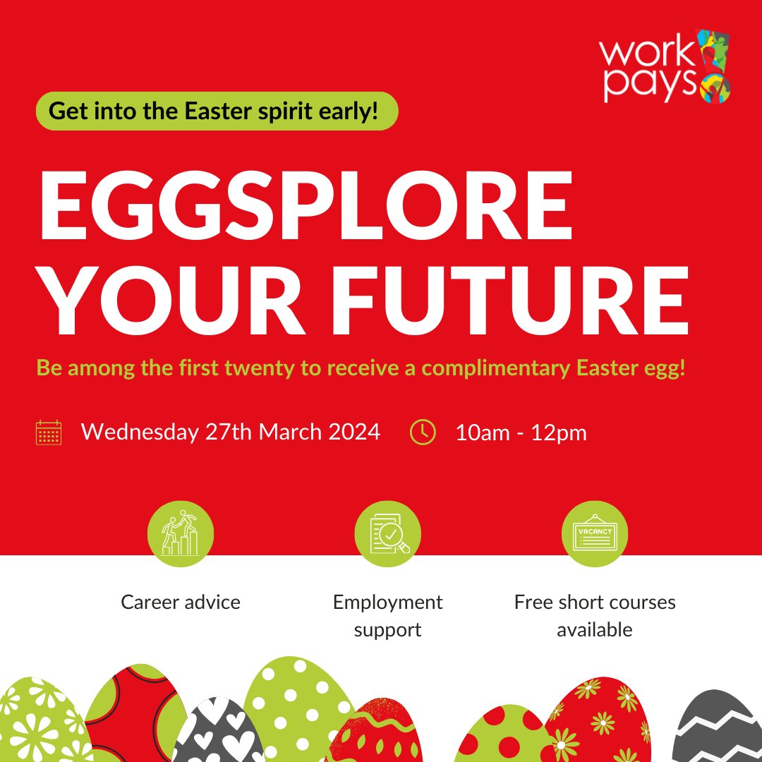 🌟 Hop into our Easter event this Wednesday for career guidance and exciting short courses! 🐣 Be among the first 20 to turn up and receive a FREE Easter egg treat!🎓🐰 #EasterEvent #CareerAdvice #Workpays #CareersEvent #EmploymentSupport #Easter #Leicester #ShortCourses