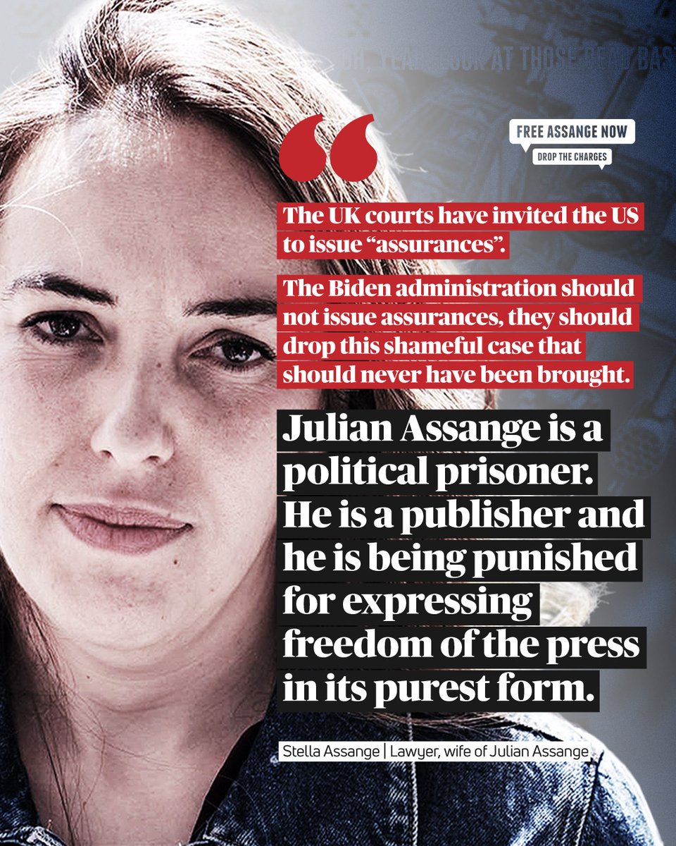 'The US should not issue assurances, they should drop this shameful case that should never have been brought. Julian Assange is a political prisoner. He is a publisher & he is being punished for expressing freedom of the press in its purest form.'—@Stella_Assange #FreeAssangeNOW