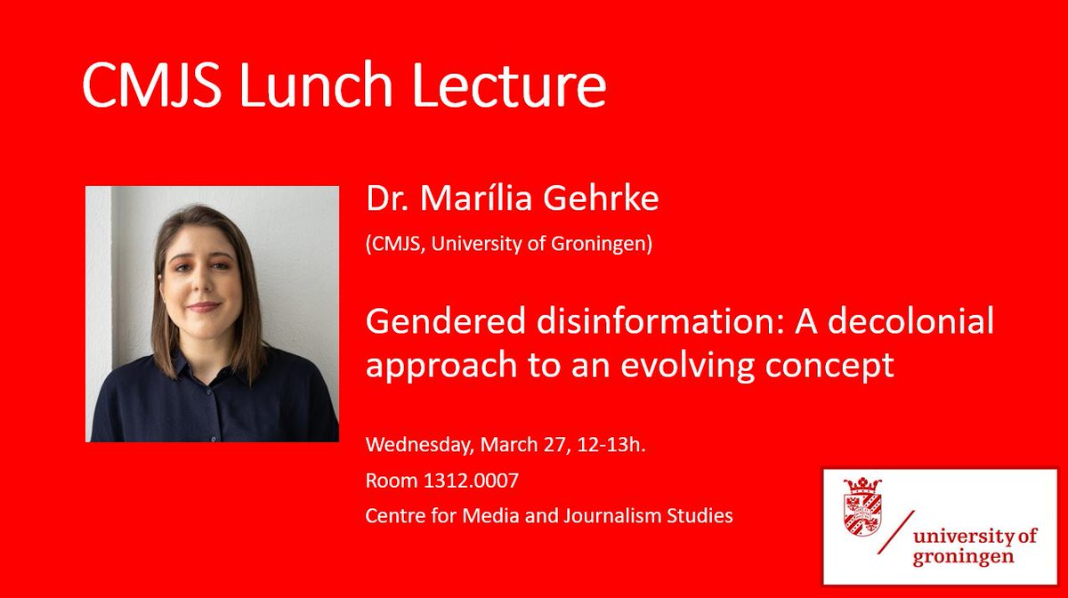 How does gendered mis- or disinformation reinforces gender stereotypes of female politicians, activists, and journalists? In our next @univgroningen CMJS lunch lecture @marilia_gehrke will discuss her research on a decolonial approach to gendered disinformation