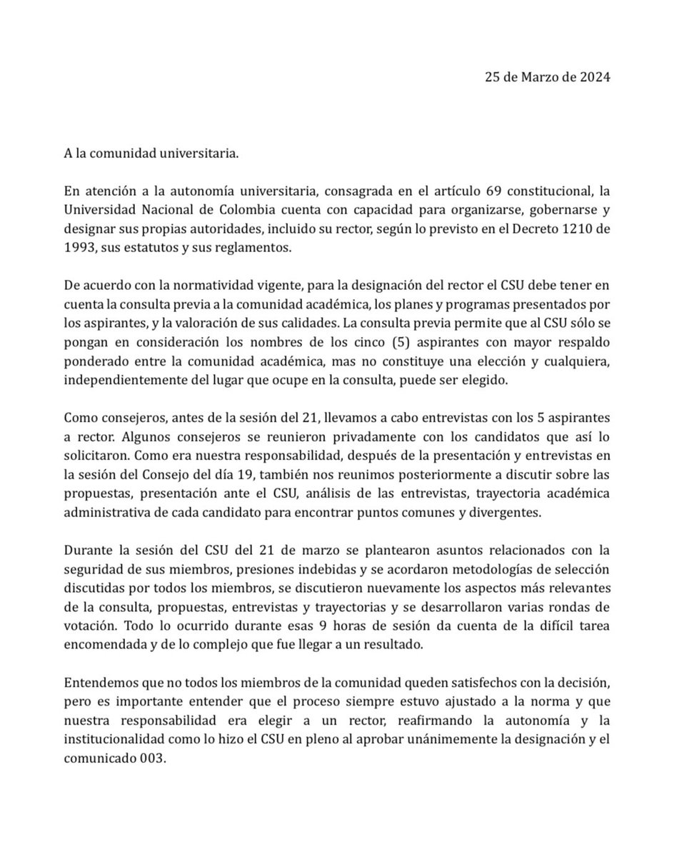 DiegoTorres_Fis's tweet photo. Comunicado de los miembros del Consejo Superior Universitario de la @UNALOficial, @MantillaIgnacio @vboterof @HRosaniaPhD y @DiegoTorres_Fis  en relación con la designación de rector en la @UNALOficial. https://t.co/1Xh2xoR9Aj