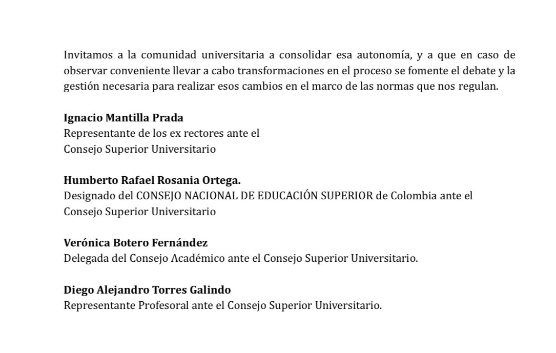 DiegoTorres_Fis's tweet photo. Comunicado de los miembros del Consejo Superior Universitario de la @UNALOficial, @MantillaIgnacio @vboterof @HRosaniaPhD y @DiegoTorres_Fis  en relación con la designación de rector en la @UNALOficial. https://t.co/1Xh2xoR9Aj