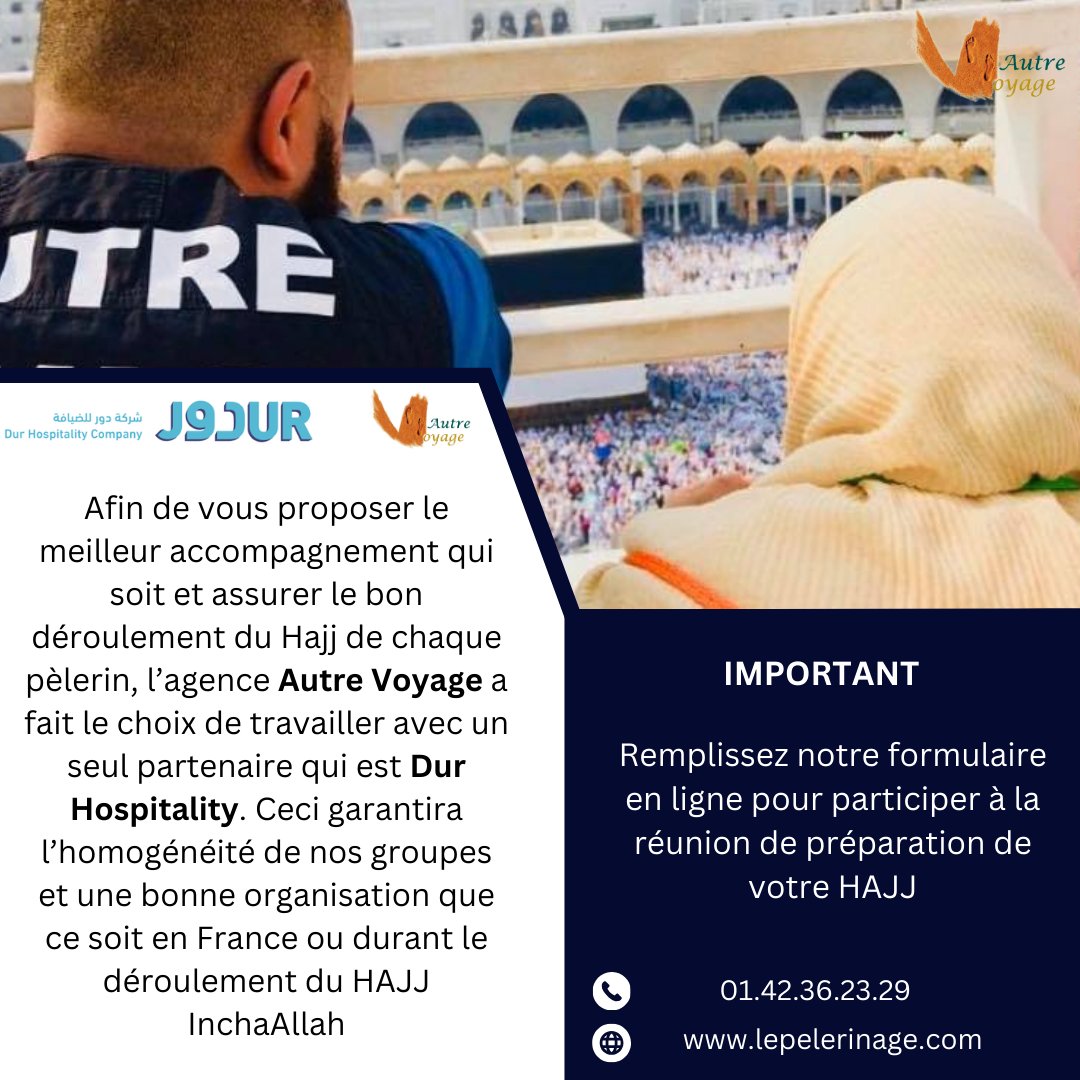 Afin de vous proposer le meilleur accompagnement qui soit et assurer le bon déroulement du Hajj de chaque pèlerin, l’agence Autre Voyage a fait le choix de travailler avec un seul partenaire qui est Dur Hospitality #durhajj #hajj2024 #hajj #durhospitality