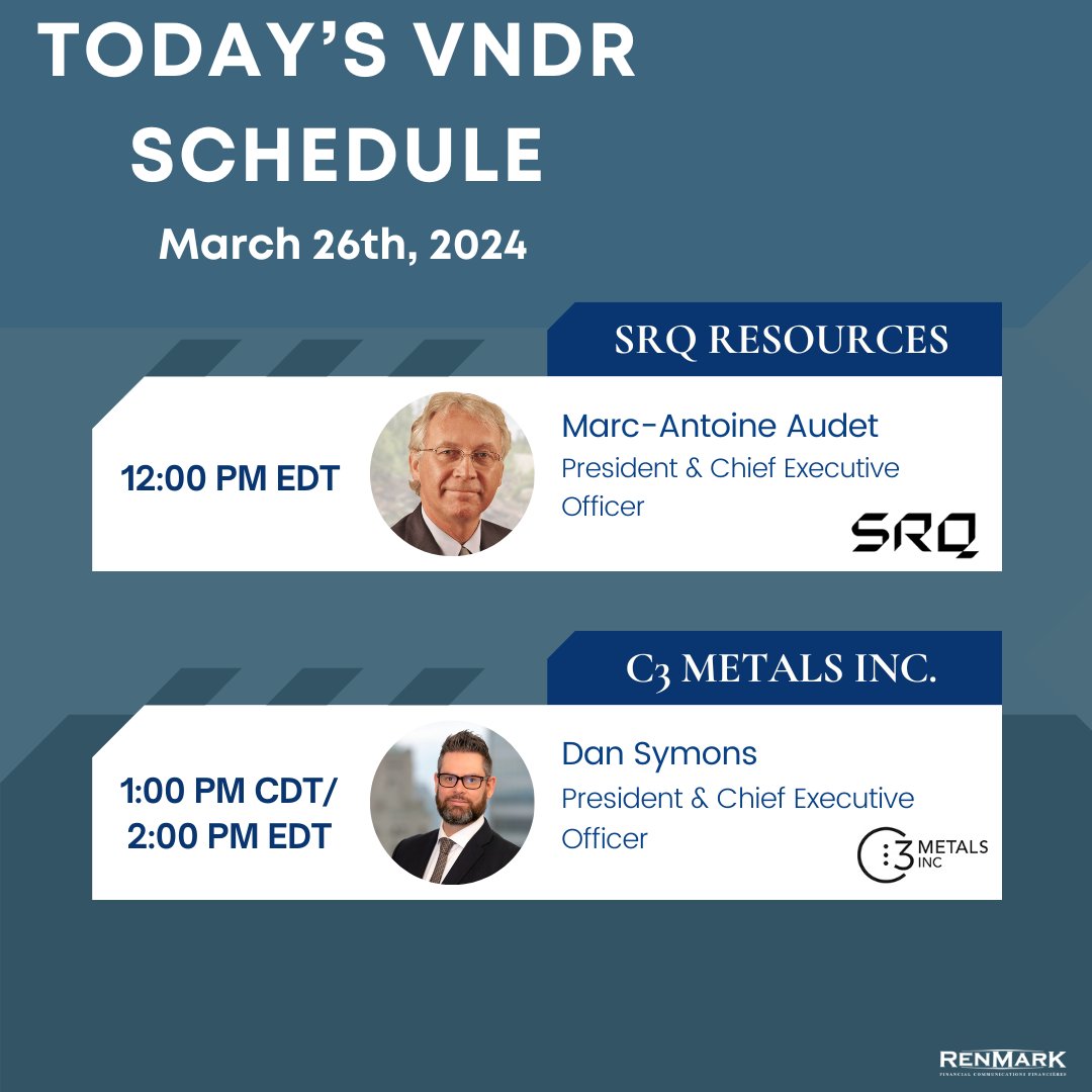 Join us in real-time for an exclusive peek into two Virtual Non-Deal Roadshows! #RenmarkVNDR

Registration:
SRQ: ow.ly/2jiQ50QXBHx

CCCM: ow.ly/OKlS50QXBHz

#SRQ #mining #exploration #nickel #copper #CCCM #gold