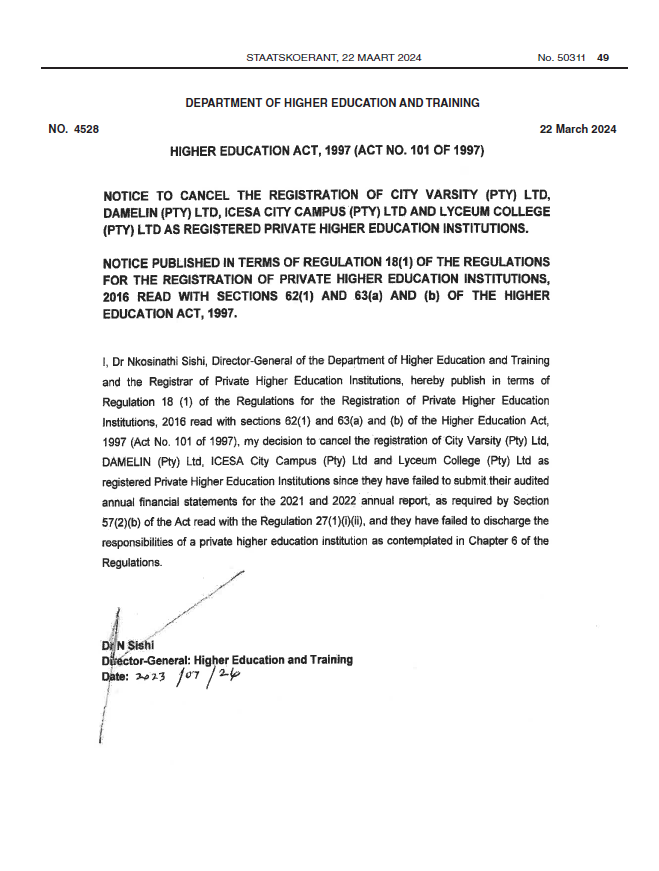 The deregistration of the Damelin, CityVarsity, Icesa City Campus and Lyceum College follows Educor's failure to submit audited financial statements for the 2021 and 2022 annual reports