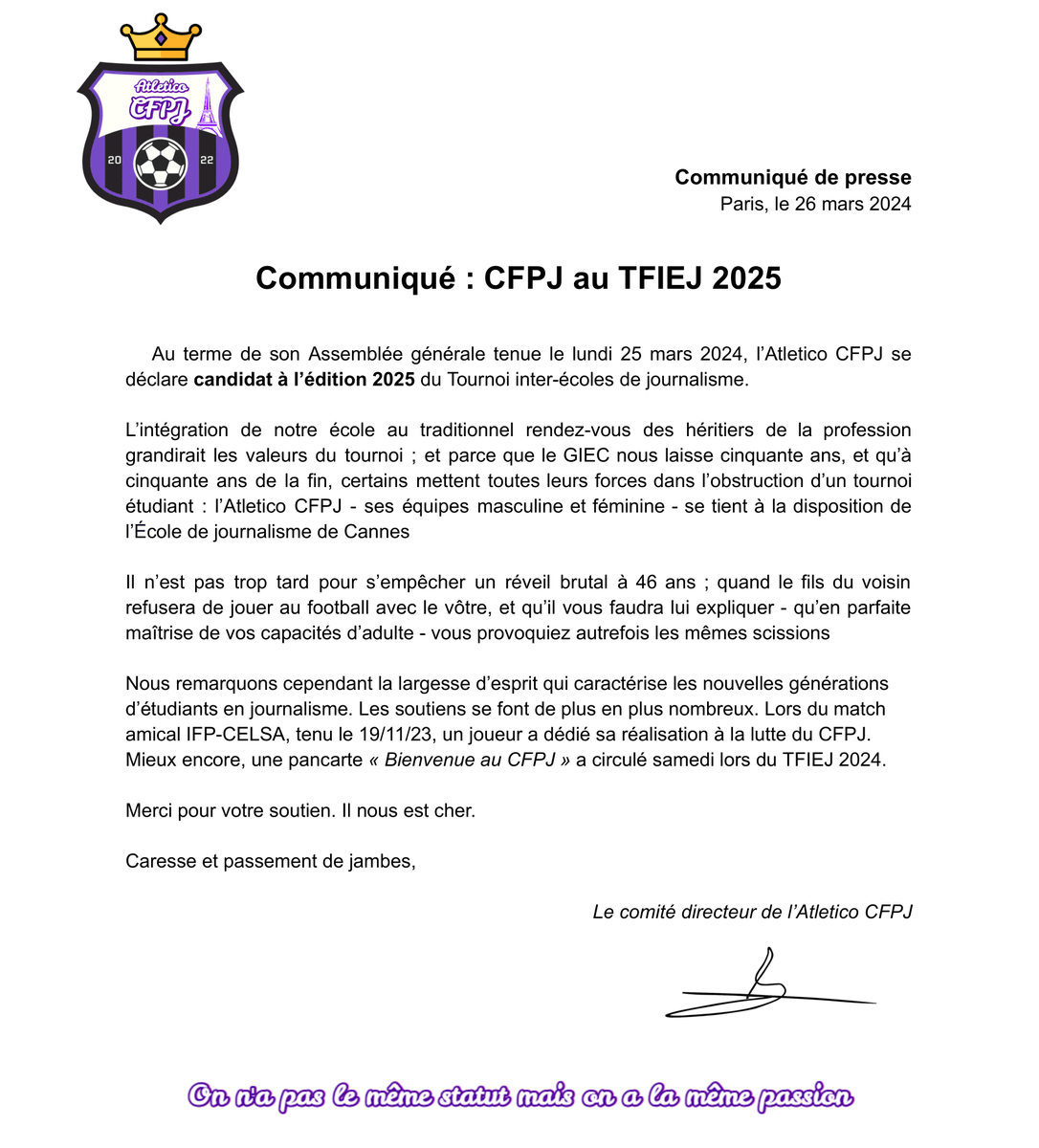 Atletico CFPJ (@atletico_cfpj) on Twitter photo โ๏ธ ๐๐ฎ๐ป๐ฑ๐ถ๐ฑ๐ฎ๐๐๐ฟ๐ฒ ๐ง๐๐๐๐ ๐ฎ๐ฌ๐ฎ๐ฑ โ๏ธ
Espoir. Voilร le maรฎtre mot qui guide cette candidature adressรฉe ร l'<a href="/EJCannesFC/">EJC FC ๐๐ฅ๐ฅ๐ฅ๐ฅ๐ฅ</a>.
Pour la troisiรจme annรฉe consรฉcutive, l'Atletico CFPJ se tient ร la disposition de l'organisation, pour รฉchanger, dรฉbattre et rรฉflรฉchir. โ๏ธ ๐๐ฎ๐ป๐ฑ๐ถ๐ฑ๐ฎ๐๐๐ฟ๐ฒ ๐ง๐๐๐๐ ๐ฎ๐ฌ๐ฎ๐ฑ โ๏ธ
Espoir. Voilร le maรฎtre mot qui guide cette candidature adressรฉe ร l'<a href="/EJCannesFC/">EJC FC ๐๐ฅ๐ฅ๐ฅ๐ฅ๐ฅ</a>.
Pour la troisiรจme annรฉe consรฉcutive, l'Atletico CFPJ se tient ร la disposition de l'organisation, pour รฉchanger, dรฉbattre et rรฉflรฉchir.