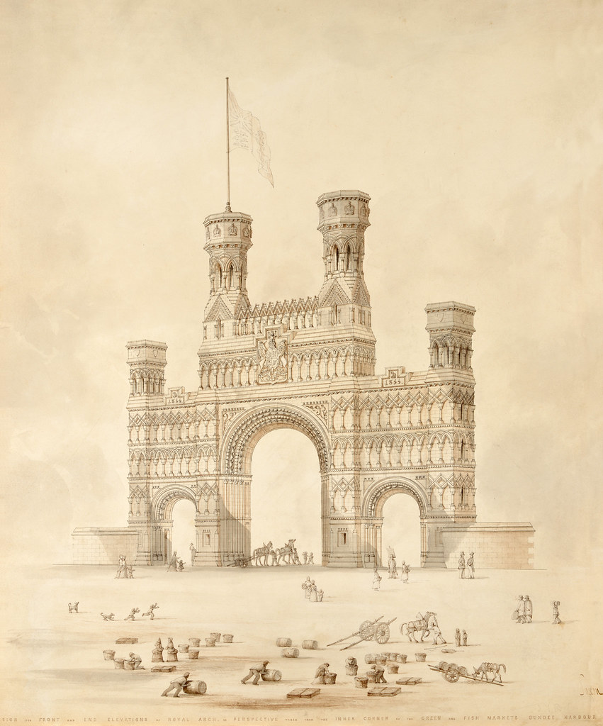 This is the winning concept drawing for the Victoria Royal Arch by Glasgow architect John Thomas Rochead in 1849. This drawing is part of the Dundee Harbour Trust collection. The Arch was demolished on 16 March 1964. #ArchiveBuildings #Archive30 #Dundee @ARAScot
