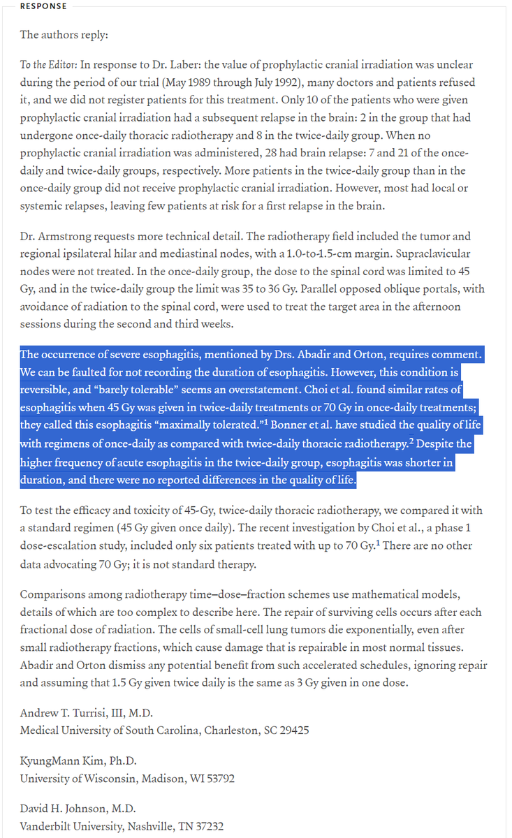 One of the more interesting #radonc presentations at the recent European Lung Cancer Congress Long-term follow-up of CONVERT: once-daily 66/33 vs twice-daily 45/30 for small cell #LungCancer Significantly more long-term esophageal toxicity for once-daily (as we might predict…