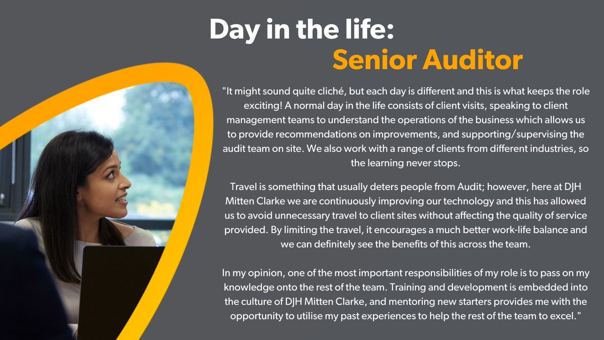 ⭐Day in the life⭐
 
Ever wondered what life as an Auditor at DJH Mitten Clarke looks like? Anisa, Senior Auditor takes us through her role and responsibilities!

Looking for your next chapter in Audit? We've got lots of exciting opportunities available!

lnkd.in/dERzTzvc