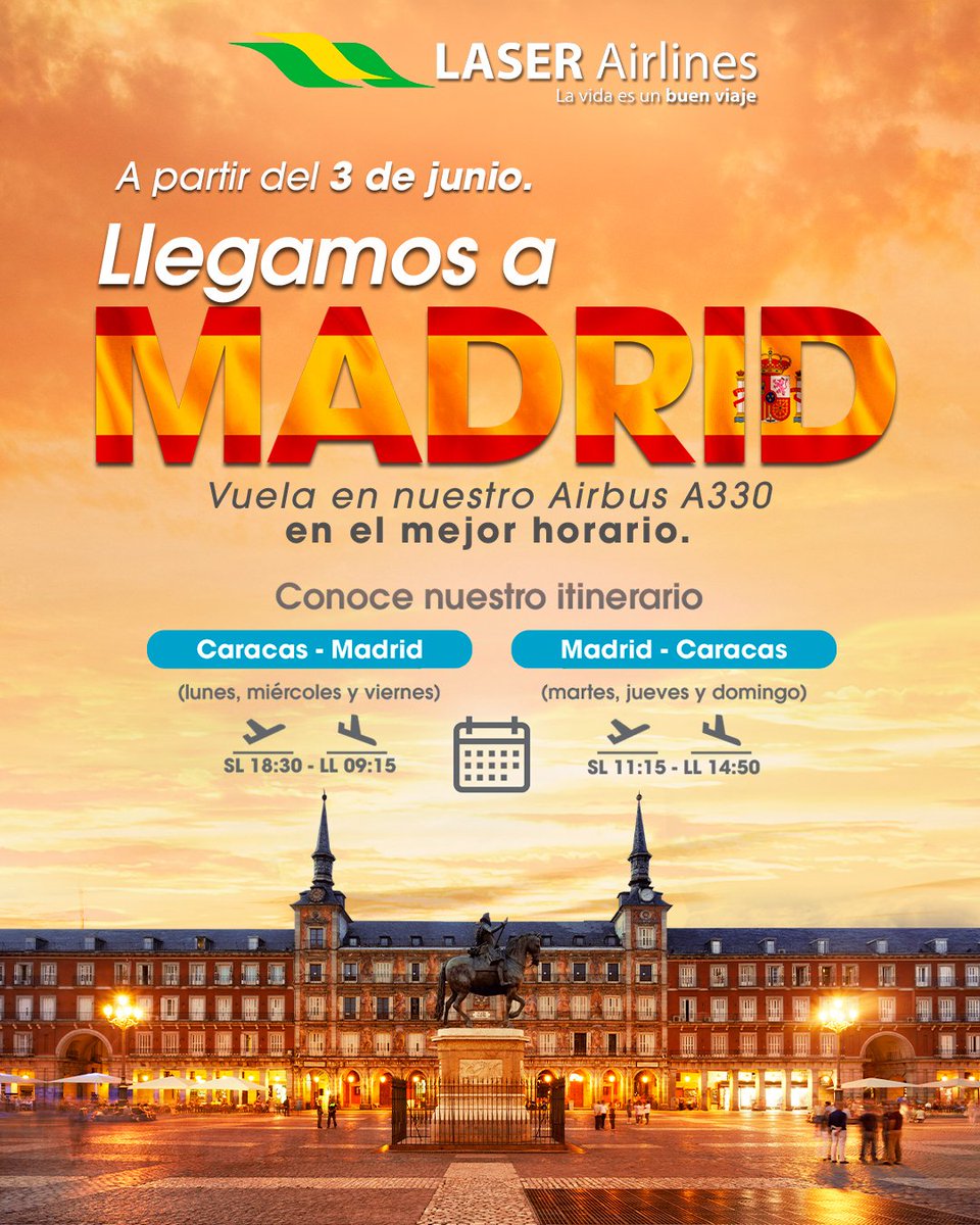 Nos vamos a Madrid. ✈️🇪🇸 Reserva tu asiento ahora y aprovecha nuestra tarifa promocional. ↙️↙️ 📱WhatsApp +58 412-496.83.70 ⁣☎️Call Center 0501-LASER00 (0501-5273700) 💻laserairlines.com ¡La vida es un buen viaje! 💚💛