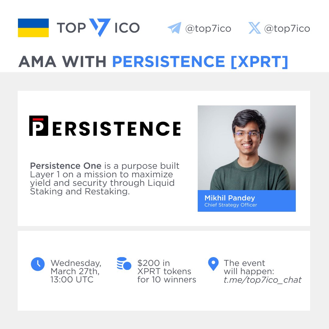 top7ico's tweet photo. Top 7 ICO will hold AMA with Persistence tomorrow, on March 27th
Dear community of #Top7ICO! We will host the AMA in Top 7 ICO Chat with @PersistenceOne team tomorrow, on Wednesday, March 27th, at 13:00 PM UTC.
Team of #Persistence will be represented by: @PandeyMikhil (Chief Strategy Officer).
Team will provide reward pool of $200 in $XPRT - 10 winners with the best questions will get $20 in $XPRT each.
Join for AMA 👉 https://t.co/0ArxKGvr1B
