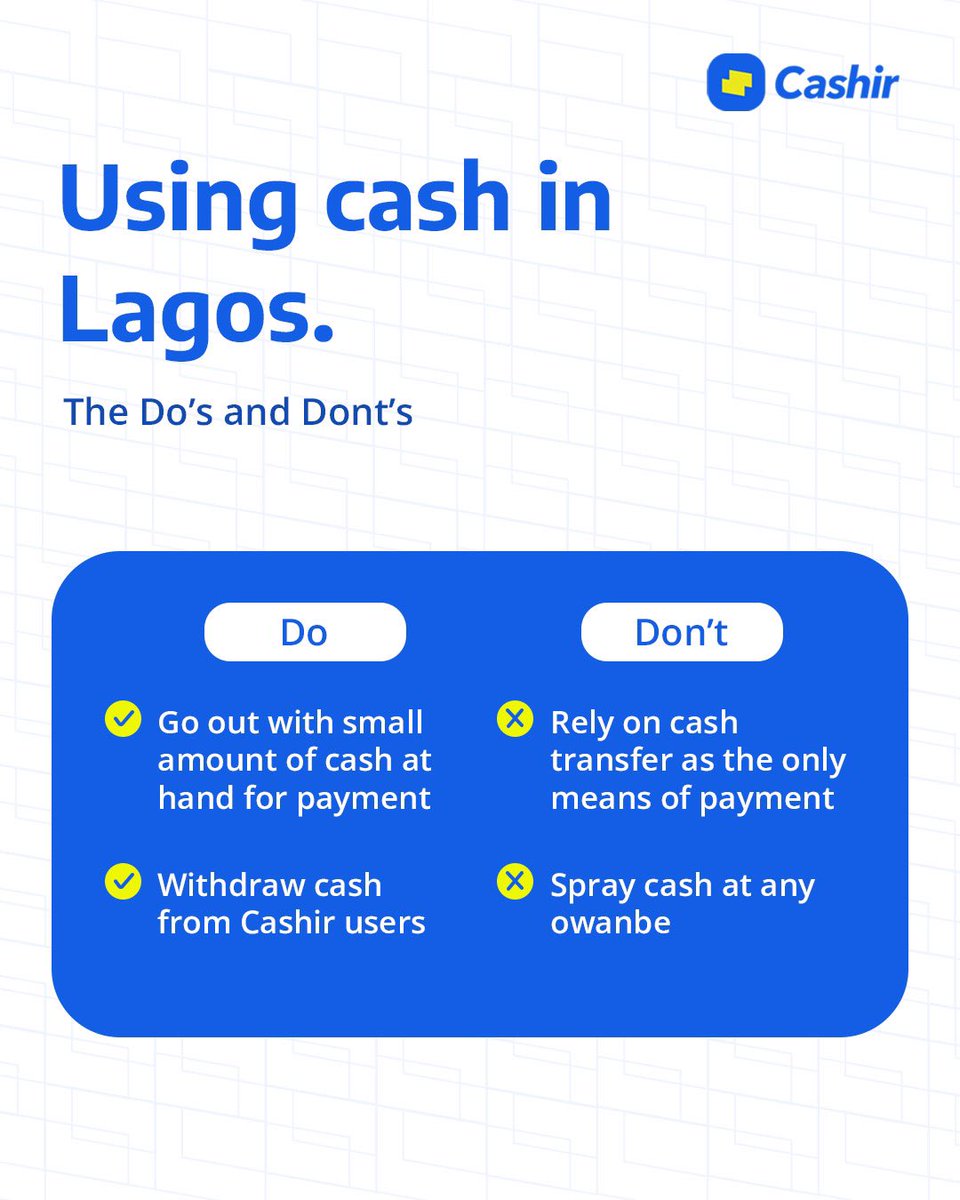 Add to the list! Or tell us your experience with cash in Nigeria 🇳🇬. 

#cash #cashir #cashirapp #africanfinance #startup #fintech #mobilemoney #momo #techcabal #techcrunch