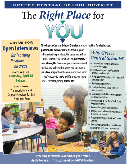 We will be hosting open interviews for all 2024-2025 teaching positions on Thursday April 18th. Please see below for more information! To view anticipated vacancies and to apply: applitrack.com/greececsd/onli… @GreeceCentral @GCSDsuper @GreeceTeachers