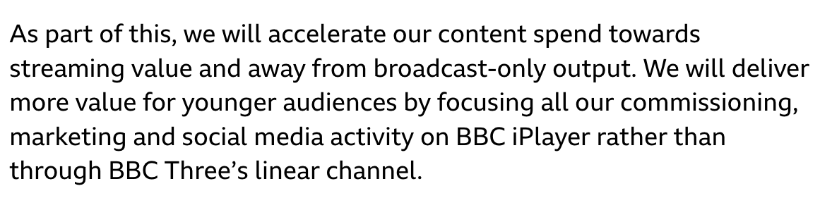 The weirdest bit of Tim Davie's speech: the BBC appears to have disowned BBC3... again! Should you need reminding, it was Davie who reinstated BBC3 in 2022. 'It’s the closest we’ll come to saying we made a mistake,' an insider says of Davie's remarks. bbc.co.uk/mediacentre/sp…