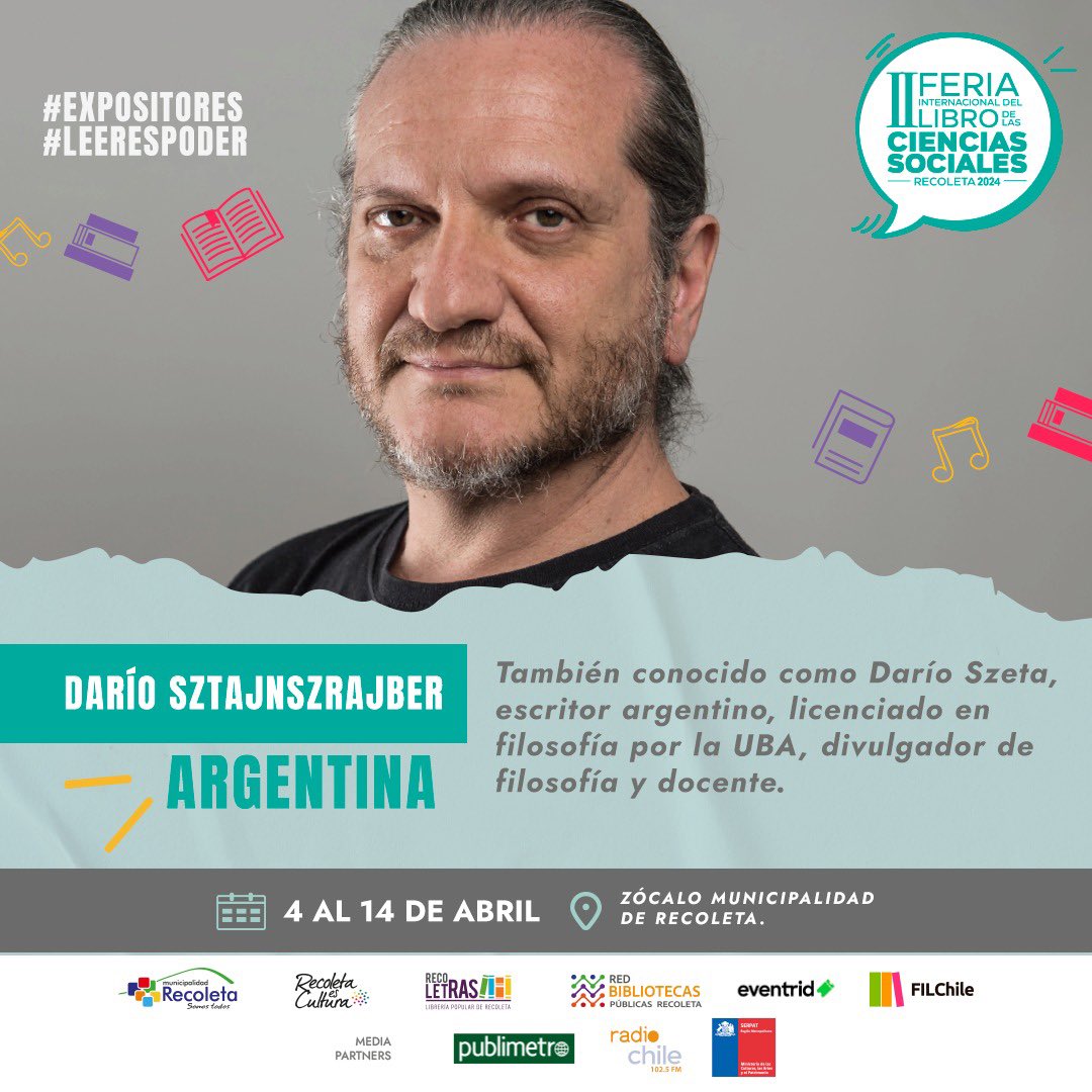 Recoletras's tweet photo. 🔔 Darío Sztajnszrajber en Recoleta

➡️ Junto a la escritora Soledad Barruti presenta:
⭕️“Recital de mitos”.
🗓️7 de abril
🕗19.00 horas.

La entrada es gratuita, sólo debes descargarla en el siguiente link:
https://t.co/AwMmZkAb8A… 

@Muni_Recoleta @CulturaRecoleta @culturas_cl https://t.co/VfkR0vDFwB