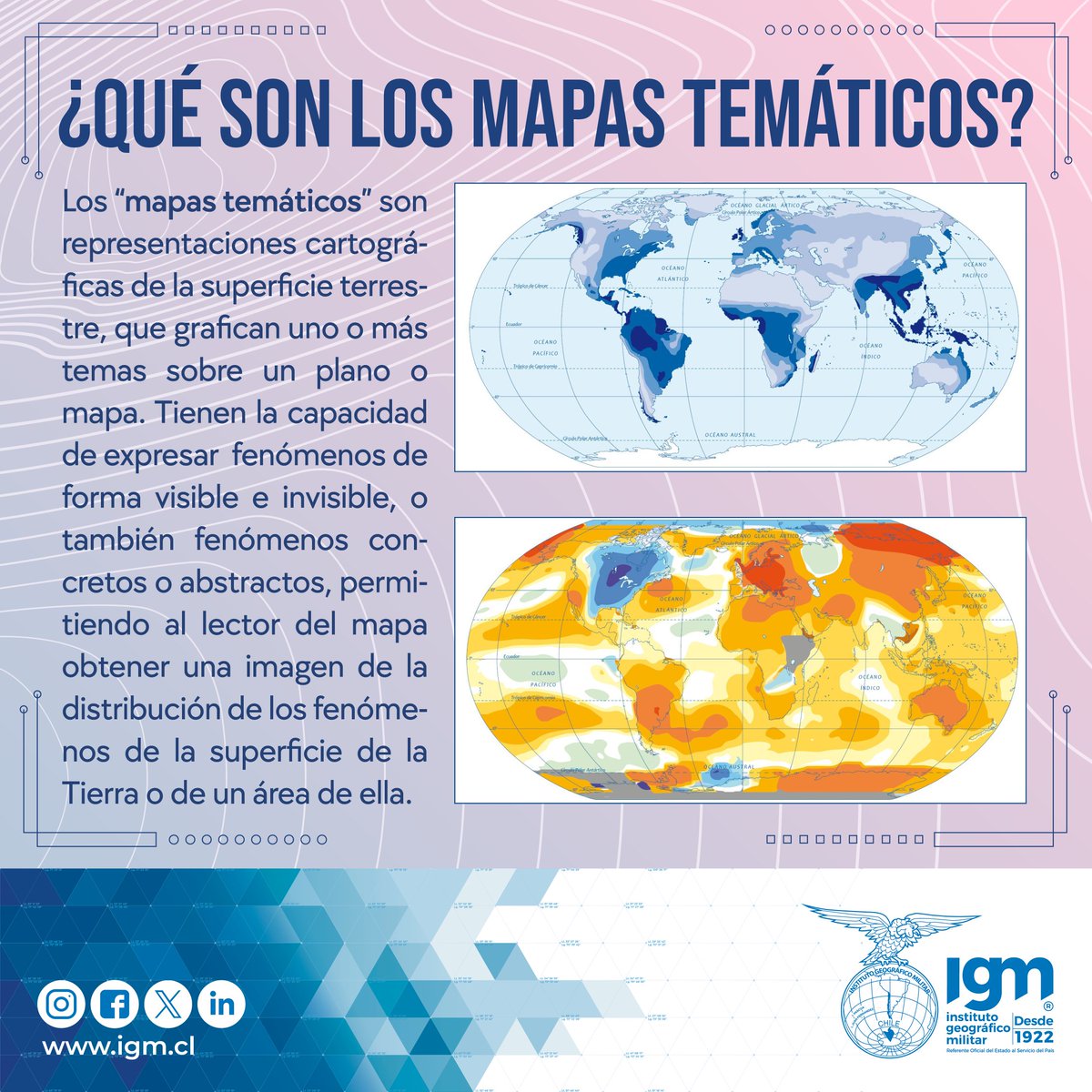 igm_chile's tweet image. 📌 ¿Sabías qué son los Mapas Temáticos🌐🌍?, en la imagen te lo contamos!!.
Nuestros productos Geocartográficos lo puedes obtener en nuestro salón de ventas y también a través de la página web:📲 igm.cl
#mapastematicos
#educacion
#geografia
#IGM