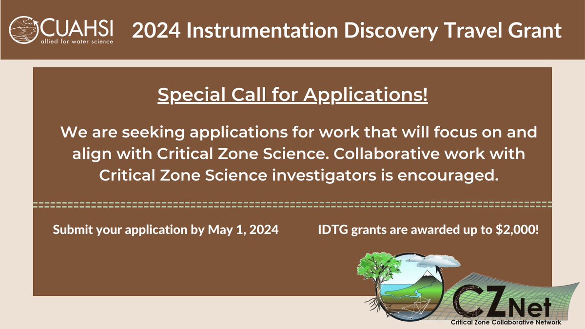 The 2024 Instrumentation Discovery Travel Grant is now open for applications! This year the program will have a focus on Critical Zone Science. Awards are up to $2000. Apply by May 1st. @CZCNet cuahsi.org/grant-opportun…