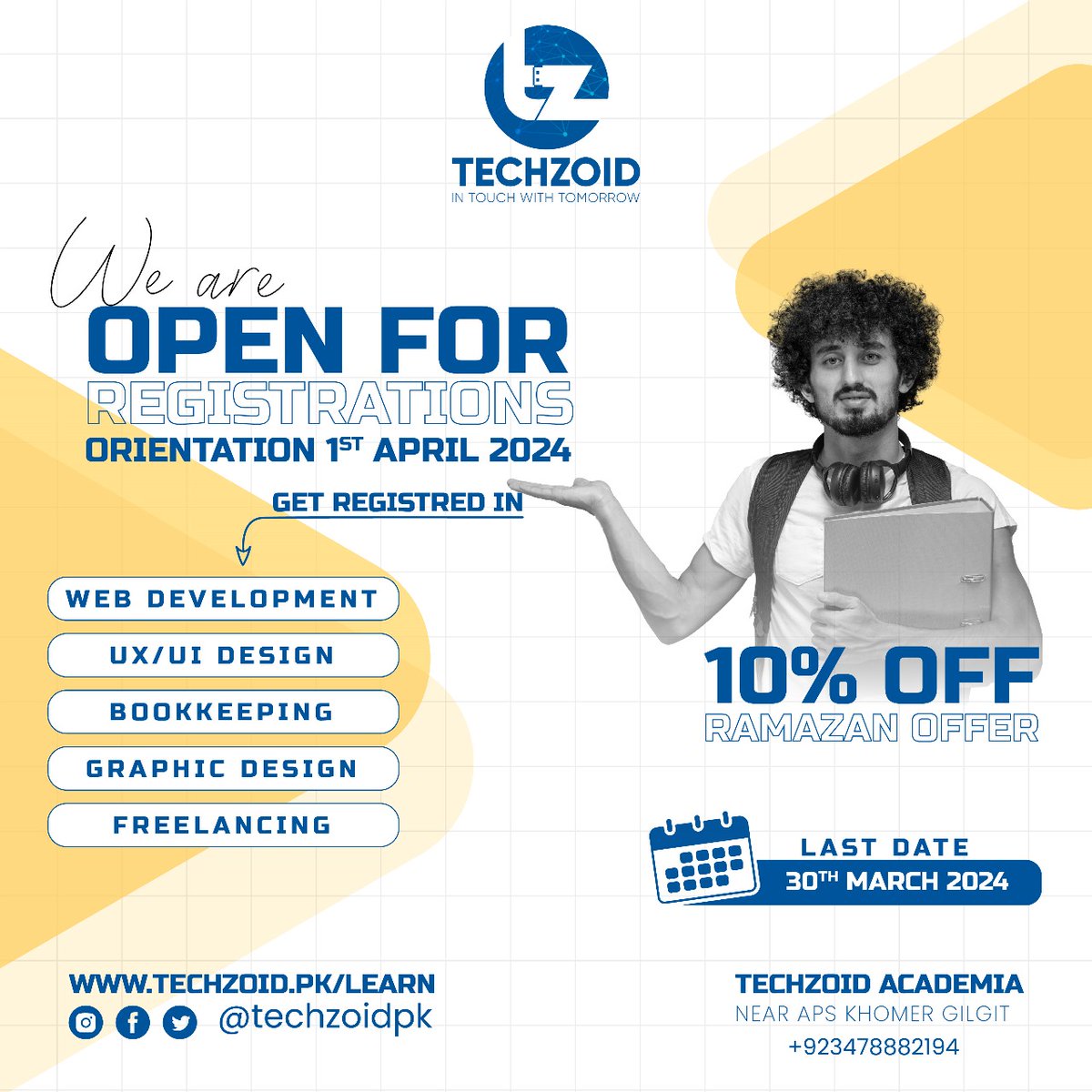 TechzoidPk's tweet image. 𝗟𝗲𝘃𝗲𝗹 𝗨𝗽 𝗬𝗼𝘂𝗿 𝗦𝗸𝗶𝗹𝗹𝘀 𝗮𝘁 𝗧𝗲𝗰𝗵𝘇𝗼𝗶𝗱 𝗔𝗰𝗮𝗱𝗲𝗺𝗶𝗮
Are you looking to gain in-demand digital skills and advance your career? Look no further than Techzoid Academia in Gilgit! 

#TechzoidAcademia #Techzoid #RamzanOffer