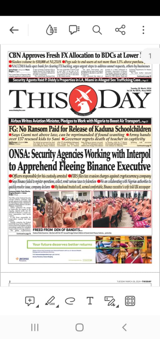 Whilst celebrating the release of every Nigerian kidnap victim, I must say that front page of @THISDAYLIVE Newspaper Pix below suggests that sewing colourful attire/uniforms for released Mass Kidnap victims now looks increasingly like a lucrative industry? 🤦🏽‍♂️