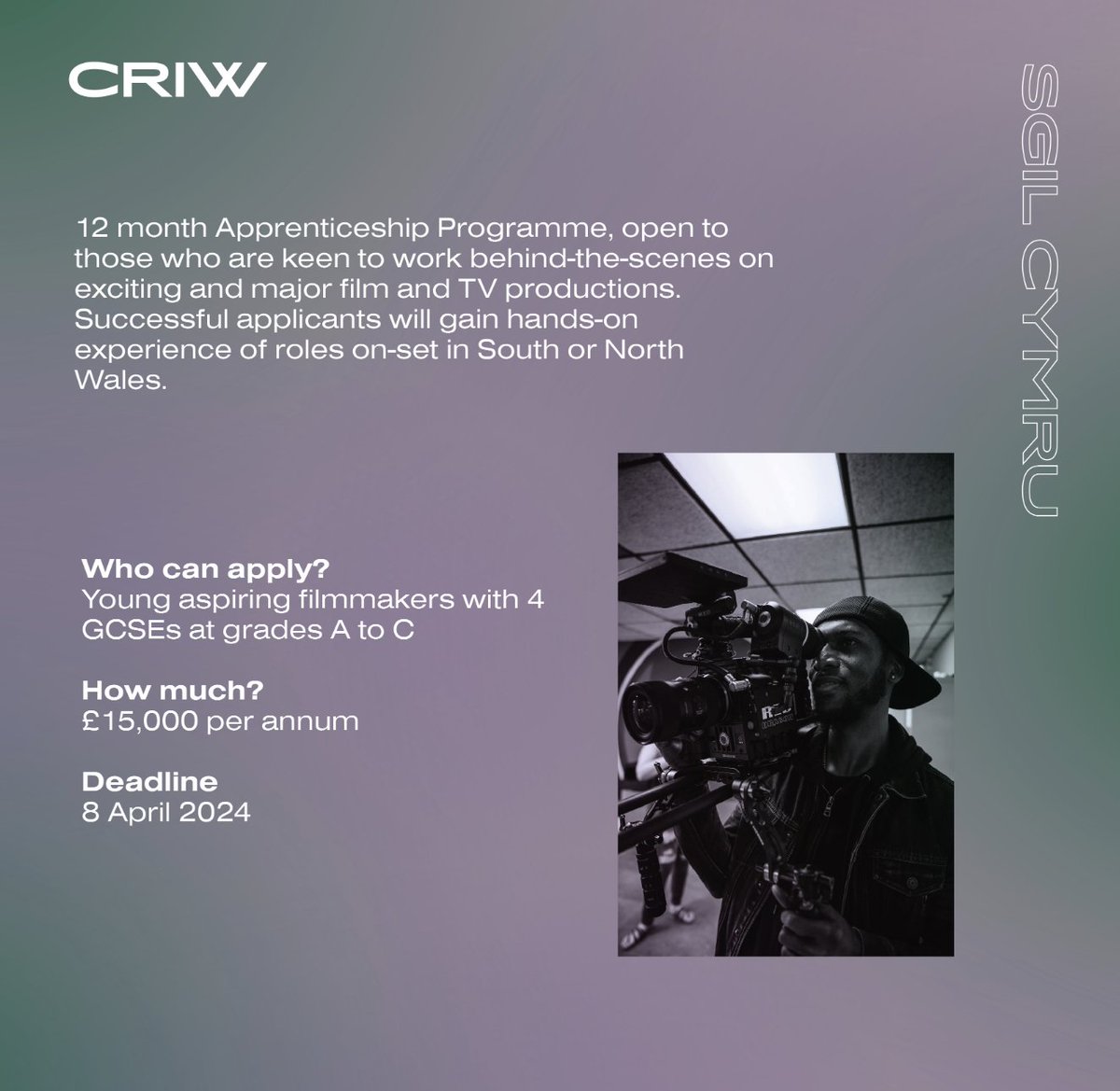 The @sgilcymrucyf CRIW Applications are OPEN! 🥳 This is a game-changing 12-month #Apprenticeship Programme open to those keen to work behind the scenes on exciting major TV & film productions across #SouthWales. All you need to know 👇 sgilcymru.com/en/criw-in-sou…