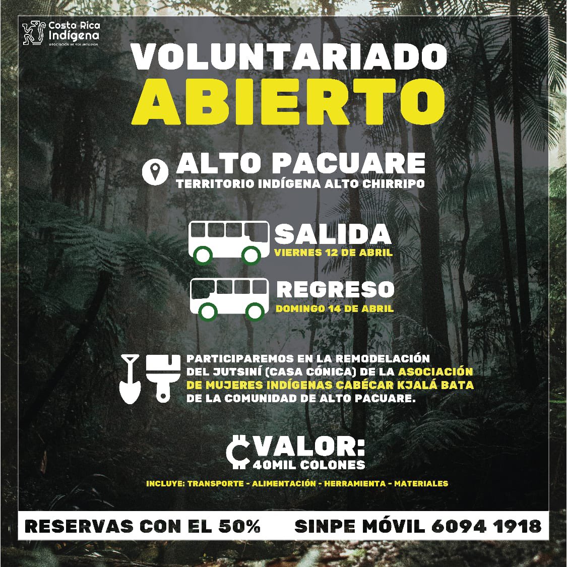Voluntariado abierto, vamos a trabajar con la Asociación de Mujeres Cabecar Kjla Bata. Más información por mensaje directo :)