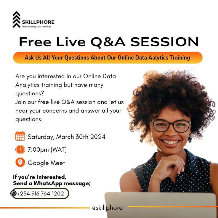 skillphore's tweet photo. We noticed your interest in our Data Analytics Course and we decided to host a live video conference call just for you, to address any questions or concerns you may have.

🗓️ Saturday, March 30th 2024
⏰ 7:00 pm WAT
📍 Google Meet https://t.co/F7D6DOi6Cq