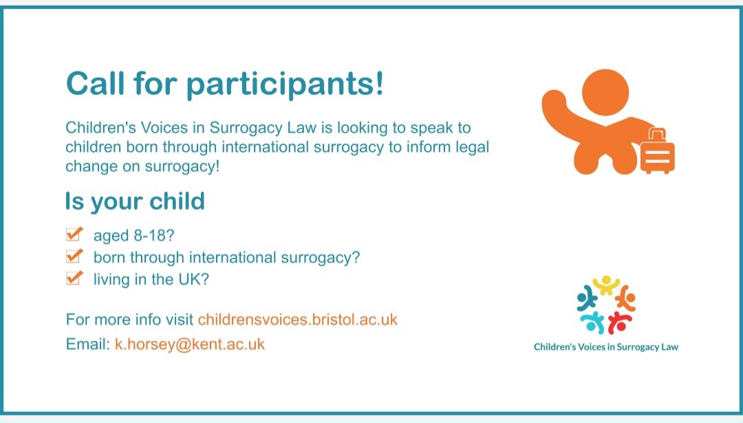 📢 We are looking to speak to children living in UK and born through international surrogacy for Phase 3 of Children's Voices in Surrogacy Law! Funded by @engage_bristol and @KentLawSchool All info 👉 childrensvoices.bristol.ac.uk/get-involved/