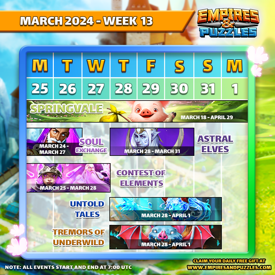 This week in Empires & Puzzles 📅: 🌸 March 18-Apr 29: Springvale ♻️ March 24-27: Soul Exchange 😈 March 25-28: Contest of Elements 🚀 March 28-31: Astral Elves 📙 March 28-Apr 1: Untold Tales 🦇 March 28-Apr 1: Tremors of Underwild 👉🏻 Play now: bit.ly/Empires-Puzzles