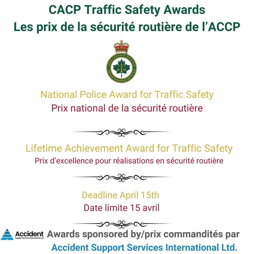 Contact the leader in your traffic safety division and invite them to take the time to nominate potential candidates for the @CACP_ACCP two (2) traffic safety awards: the National Police Award for Traffic Safety & Road Safety Lifetime Achievement Award cacp.ca/awards-medals.…