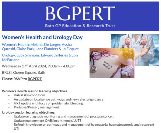 BGPERT's tweet image. Don't miss the opportunity to update your Gynae &amp;amp; Urology knowledge with local consultants on 17th April.
The programme covers a number of common presentations seen in Primary Care and will help you to manage your patients effectively &amp;amp; with confidence. Please RSVP via email.