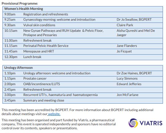BGPERT's tweet image. Don't miss the opportunity to update your Gynae &amp;amp; Urology knowledge with local consultants on 17th April.
The programme covers a number of common presentations seen in Primary Care and will help you to manage your patients effectively &amp;amp; with confidence. Please RSVP via email.