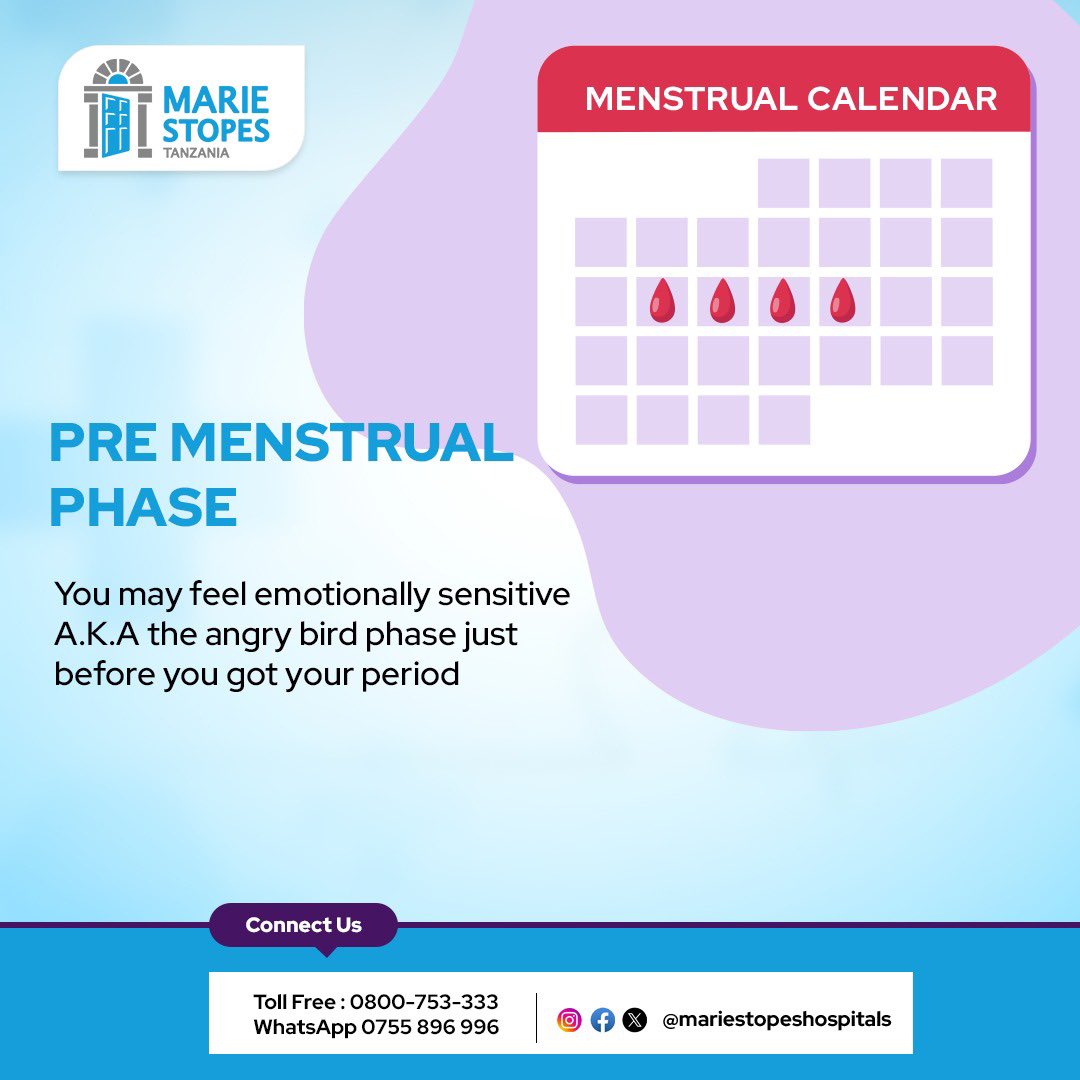 Awamu ya Kabla ya Hedhi- Pre Menstrual Phase. Wanawake wengi wakiwa kwenye awamu hii, hupatwa na Hali zifuatazo; Kujaa kwa Maziwa Kupata Gesi kichwa kuuma Mabadiliko ya Hisia Unyongovu nk. . Kwa ushauri zaidi wasiliana nasi bure 0800753333 au chati nasi WhatsApp 0755896996 #MST