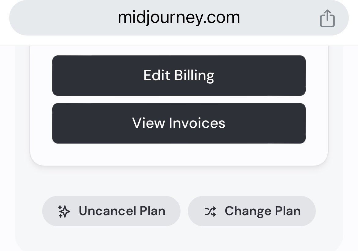 Not sure if it’s a bug or feature: when I’m about to cancel my @midjourney plan, it shows an “Uncancel plan”button. Shouldn’t it be rendered after users cancel their plan instead of before? The real cancellation button is hidden in “Edit Billing”. #MidjourneyAI