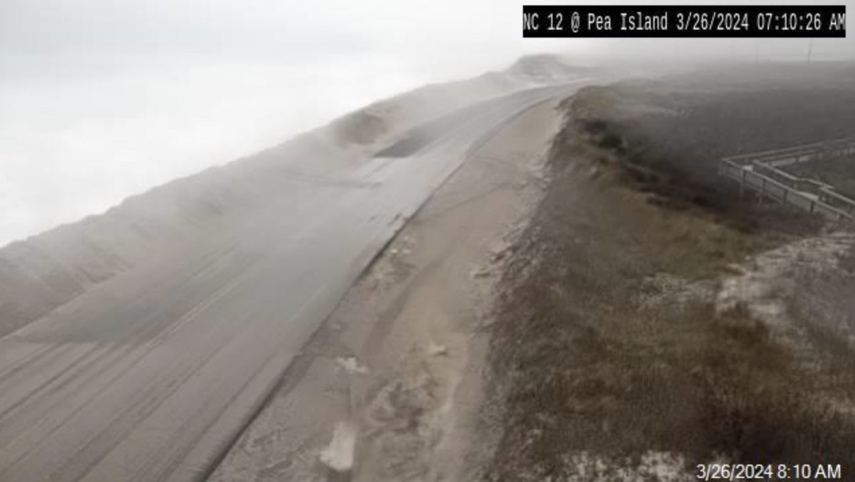 Good morning. Our persistent low off the coast is causing more troubles today on NC12.
OCRACOKE (first pic): NC12 Remains closed with consistent ocean overwash.
HATTERAS &amp; PEA ISLANDS: Open and passable with sand/water on the roadway. Drive with EXTREME CAUTION at reduced speeds.