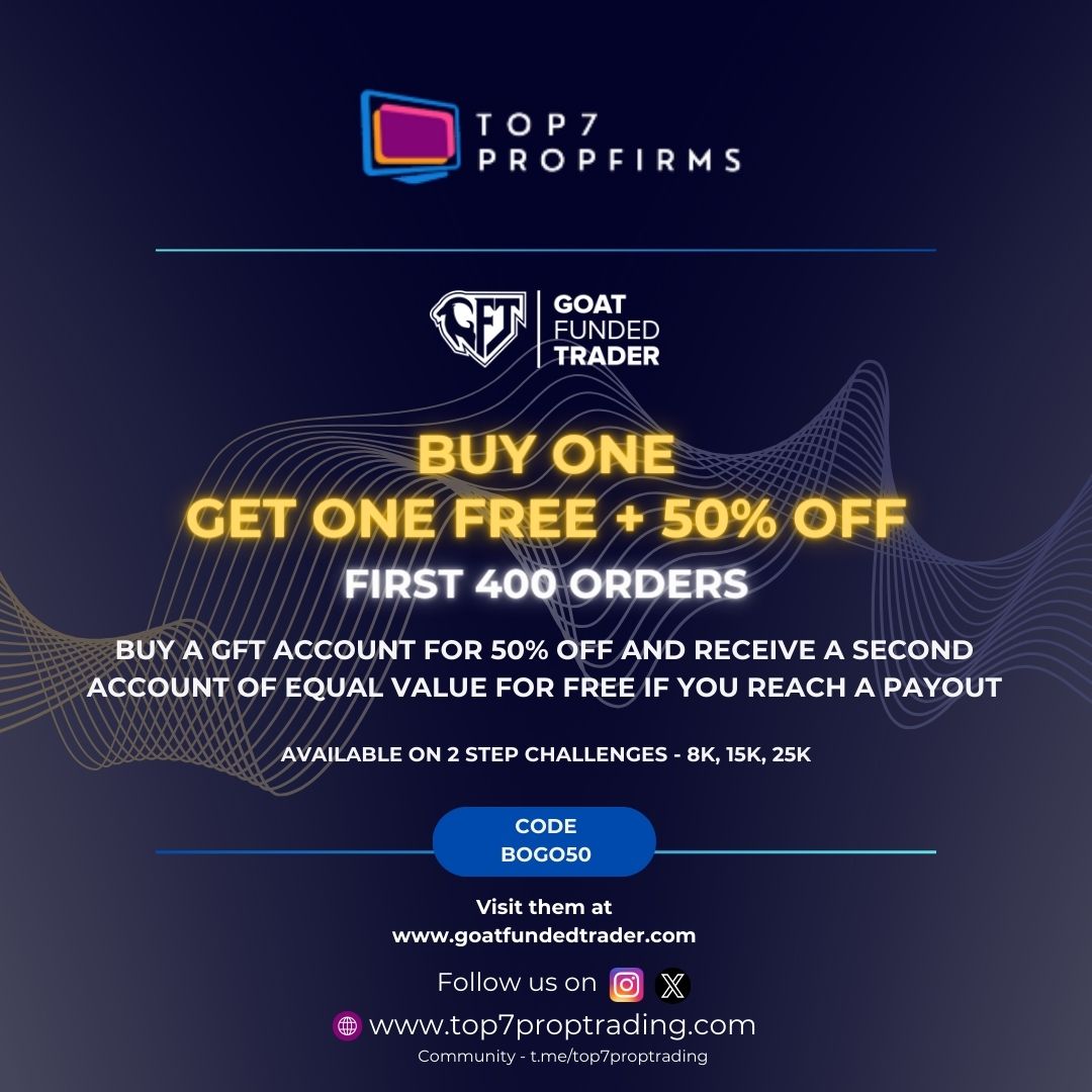 T7Proptrading's tweet photo. Don't miss out! Their exclusive BOGO deal is here! Buy one GFT evaluation and get another one FREE, plus enjoy a whopping 50% off on your first 400 orders.

Simply use code "BOGO50" at checkout to avail of this incredible offer!

#goatfundedtrader #forextrader #propfirm https://t.co/TSuPO4oYbc