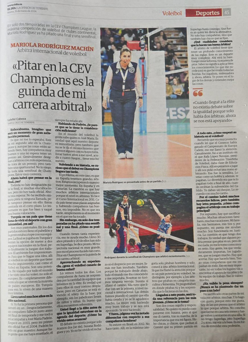 Una tinerfeña en la élite del arbitraje mundial, en este caso en un deporte de gran tradición aquí como el vóley. Rompiendo techos de cristal para una igualdad que asume con naturalidad. No se llega ahí sin valía, constancia y esfuerzo. Apoyamos lo suficiente a estos referentes?