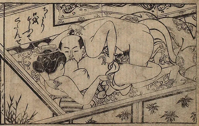 「乳じゃなくて私の口を吸ってくれよ」と女に言われている春画。

川嶋信清『好色三の里』
日文研所蔵 