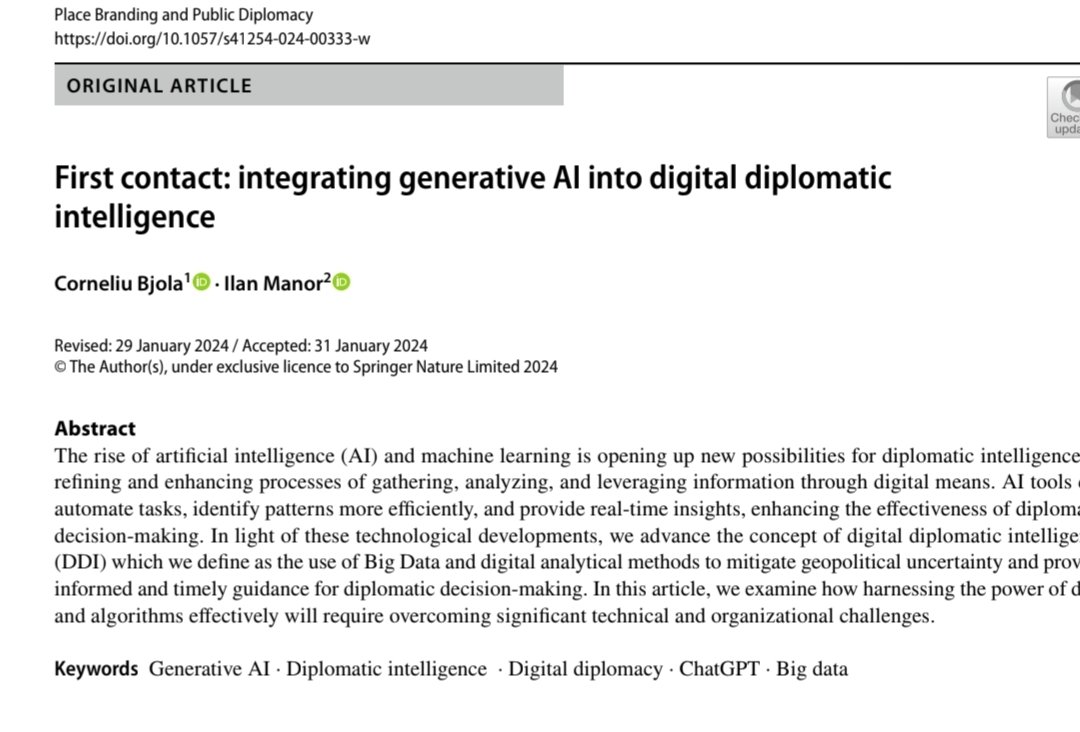 🚨IT'S OUT🚨 New #DigitalDiplomacy paper out today in @place_branding with @CBjola. We explore #ArtificialIntelligence impact on #Diplomacy and introduce concept of 'Digital Diplomatic Intelligence'. Read here 👇 link.springer.com/article/10.105…