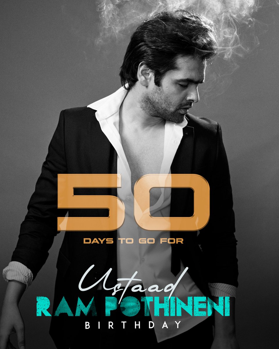 Let's kickstart the countdown! ❤️‍🔥 Only 50 days left until we celebrate the birthday of our beloved @ramsayz 🥳 Get ready to celebrate in Ustaad style! 🤘 #RAmPOthineni #RAPO #DoubleISMART #RAPOBirthday