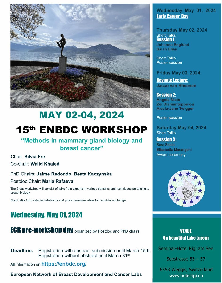 Workshop on Methods in mammary gland biology and cancer @enbdc. Join us! There are still a few slots available for attending the 15th ENBDC workshop on the beautiful lake Luzern in Switzerland. Deadline: March 31, 2024. Registration: enbdc.org/workshop/
