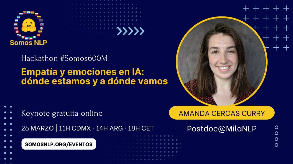 Hoy a las 18.00 CET daré una ponencia en español en el Hackathon de #Somos600M organizada por @SomosNLP_ 🤖 🗓️ Registrate aqui: eventbrite.com/e/registro-hac…