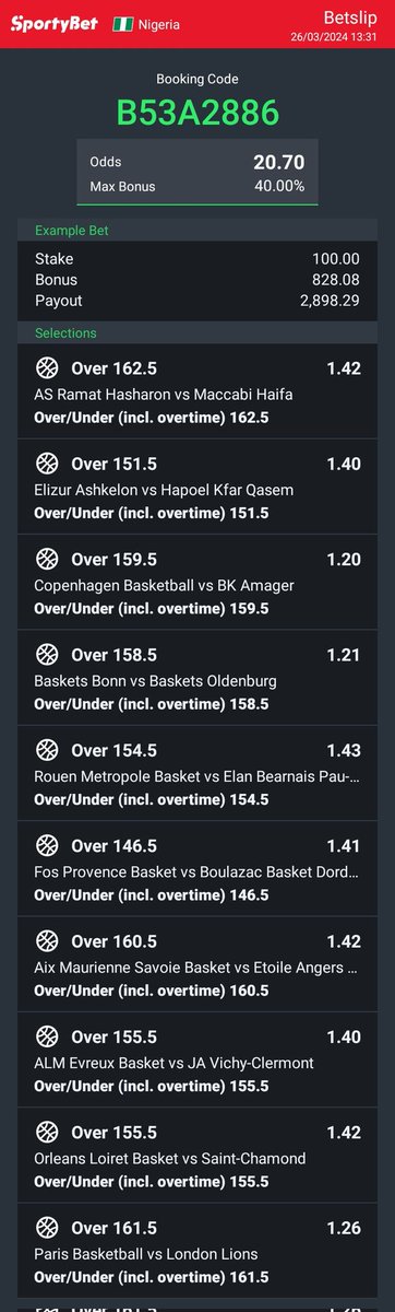 BasketBall Overs Lower Lines🔥 We Play Again🍻 📌 2️⃣0️⃣+ ODDS Code 👉 B53A2886 Bookie 👉 SportyBet Good luck 🤞 RT ✅