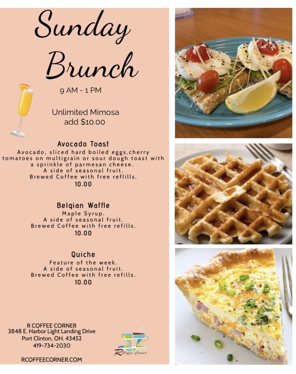 Only 5 days until Sunday Brunch. R Coffee Corner Brunch starts this Easter Sunday. Treat yourself to R new special brunch menu featuring avocado toast, belgian waffles, quiche, and bottomless mimosas. Please like and share with your friends!!